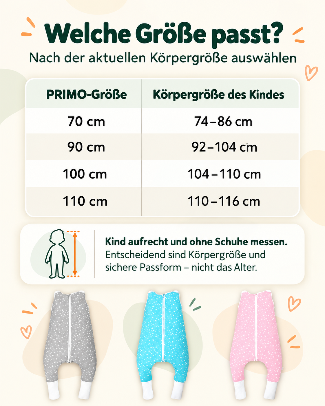 BABYRULEZ PRIMO Größentabelle nach Körpergröße des Kindes